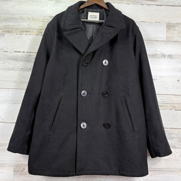 Old Navy Mens Heavy Double Breasted Wool Blend Peacoat Black XXL Anchor Buttons